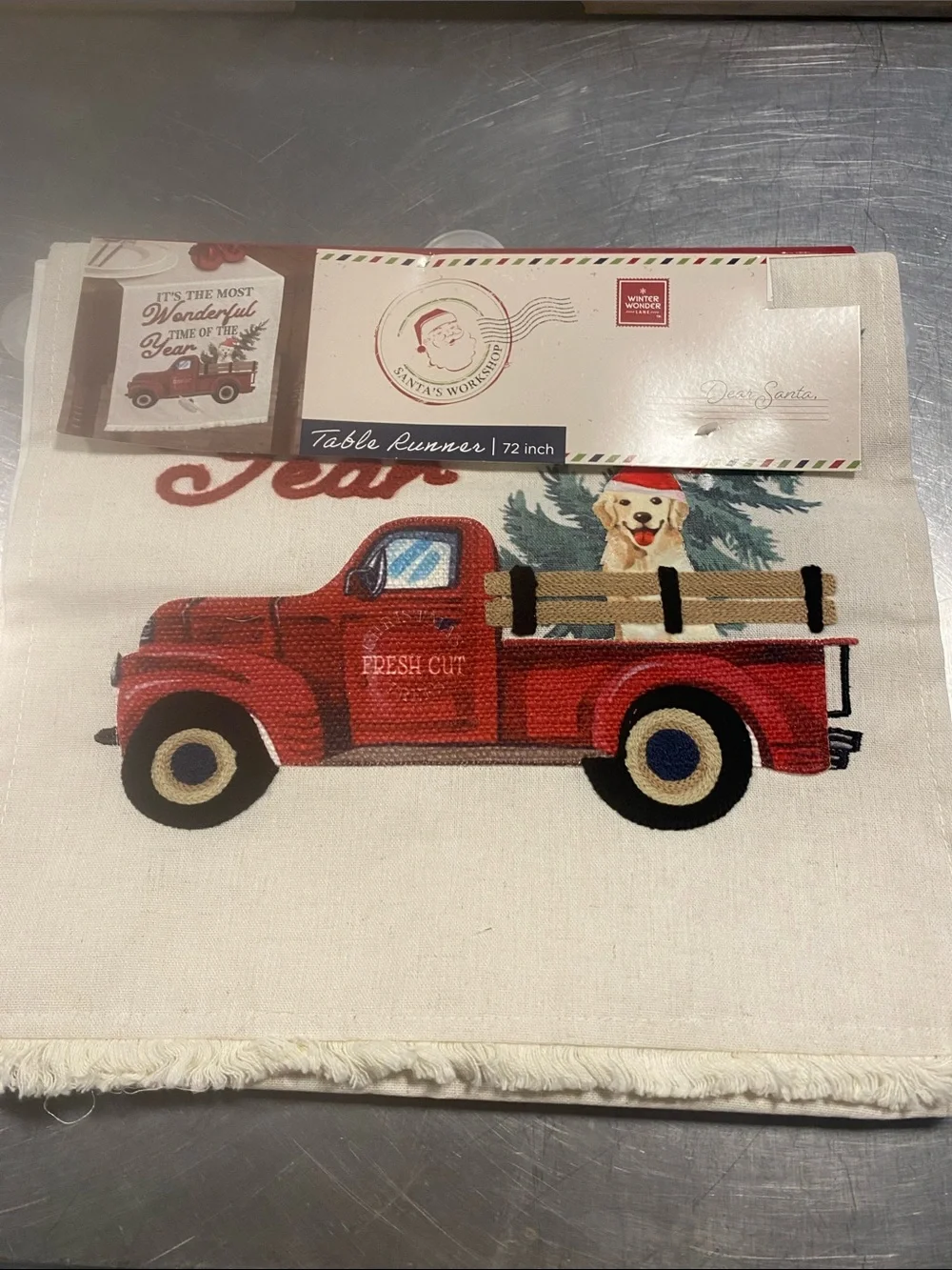 Holiday Red Vintage Truck Table Runner with Dog BNWT
